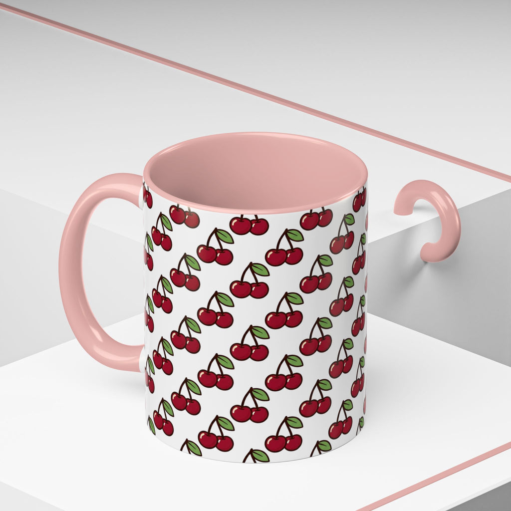 Cherry Pattern Accent Coffee Mug — Retro Red Cherry Print Ceramic Mug (11/15oz)