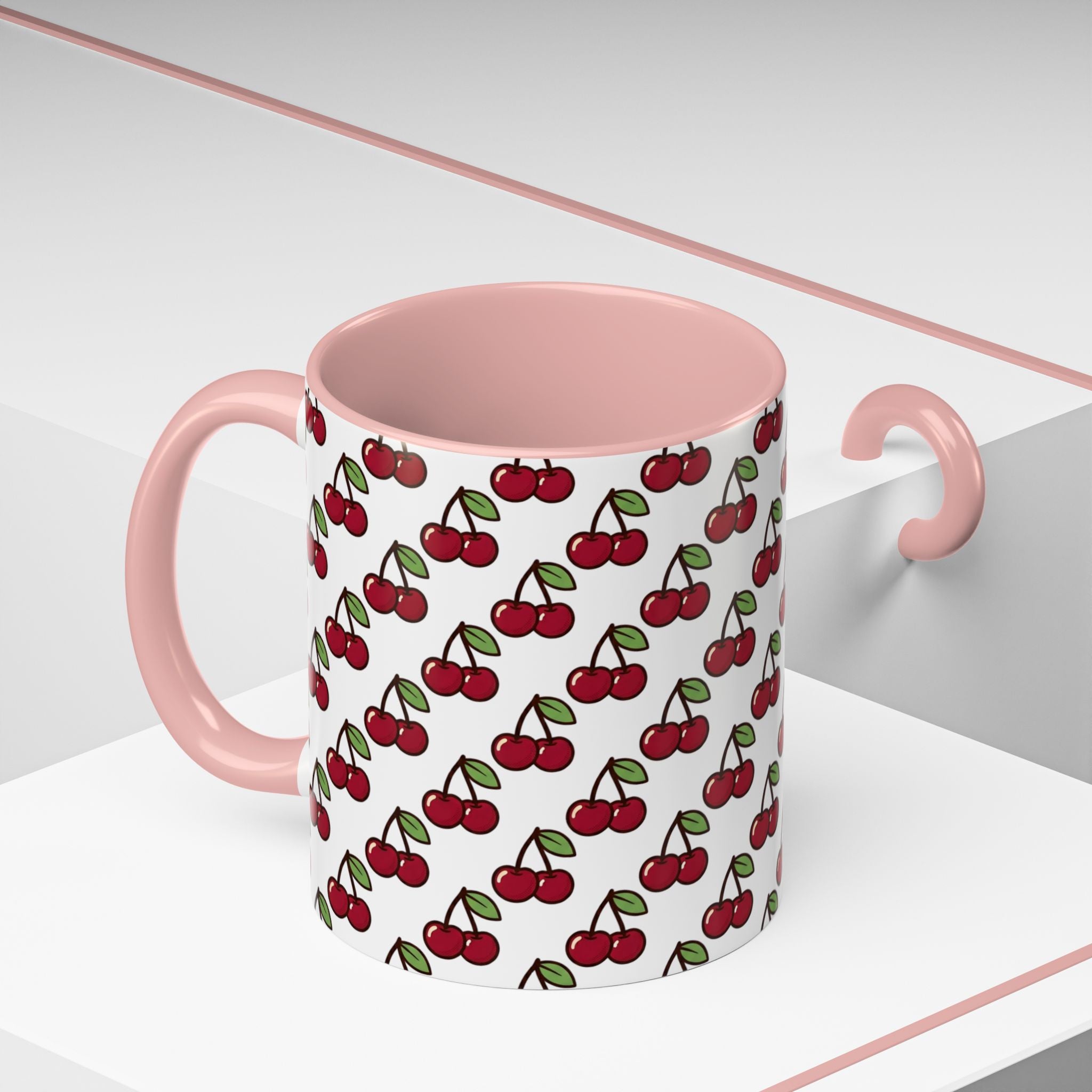 Cherry Pattern Accent Coffee Mug — Retro Red Cherry Print Ceramic Mug (11/15oz)