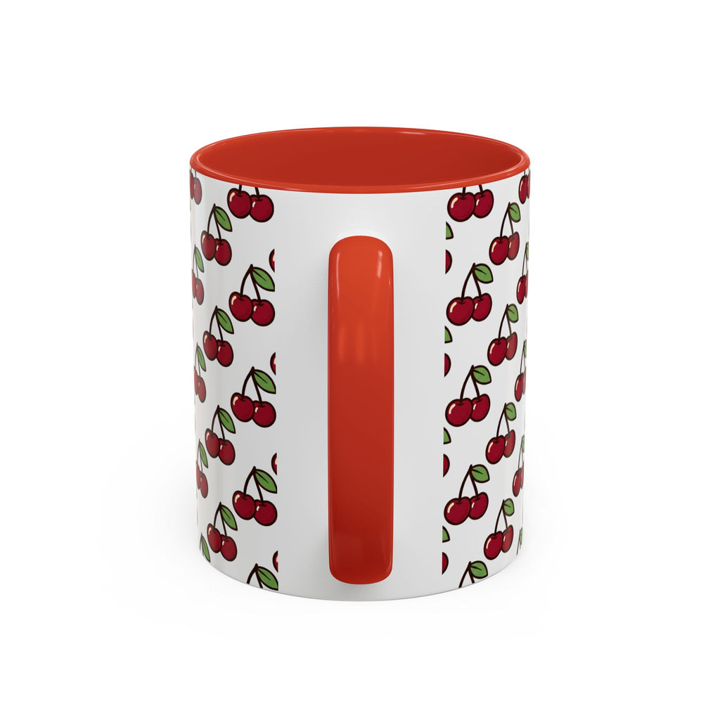 Cherry Pattern Accent Coffee Mug — Retro Red Cherry Print Ceramic Mug (11/15oz)