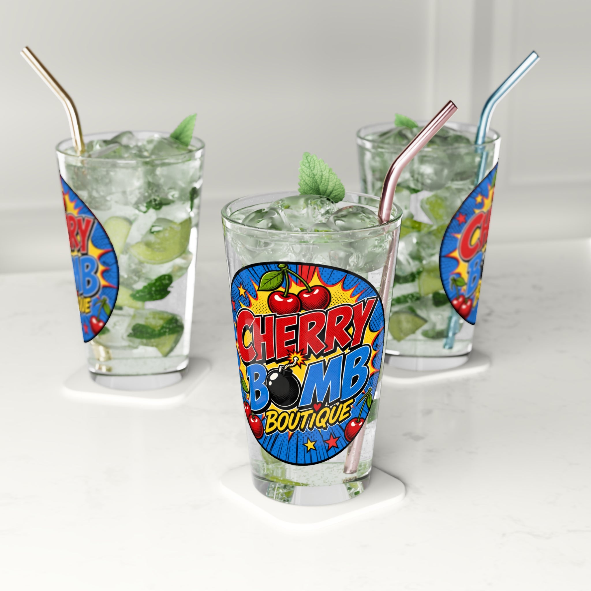 Cherry Bomb Boutique 16oz Pint Glass - blue