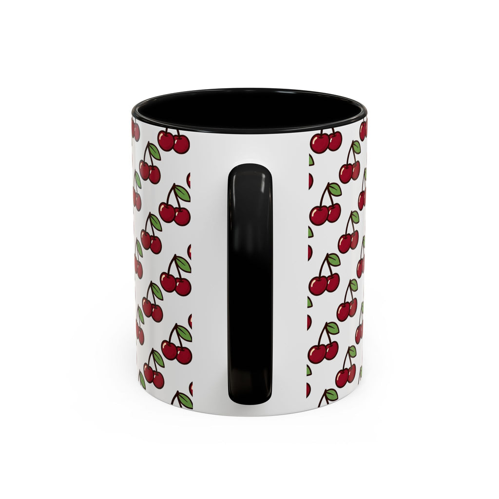 Cherry Pattern Accent Coffee Mug — Retro Red Cherry Print Ceramic Mug (11/15oz)