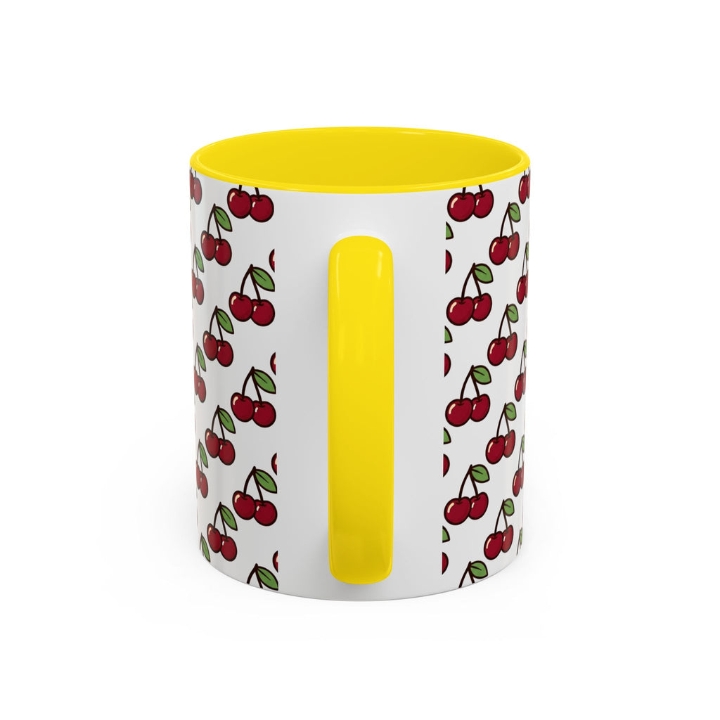 Cherry Pattern Accent Coffee Mug — Retro Red Cherry Print Ceramic Mug (11/15oz)