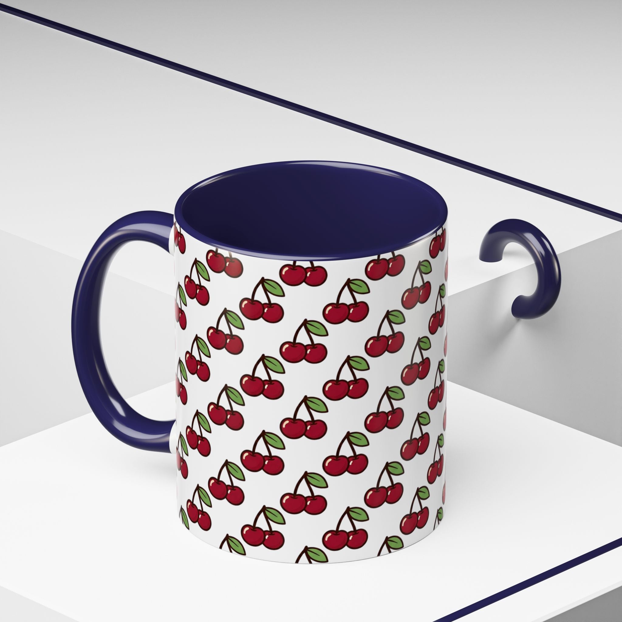 Cherry Pattern Accent Coffee Mug — Retro Red Cherry Print Ceramic Mug (11/15oz)