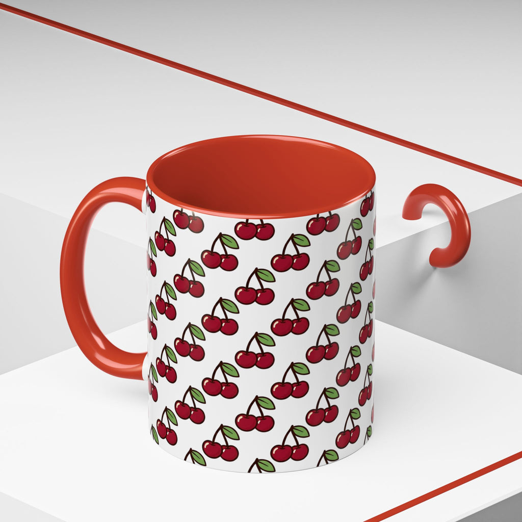 Cherry Pattern Accent Coffee Mug — Retro Red Cherry Print Ceramic Mug (11/15oz)