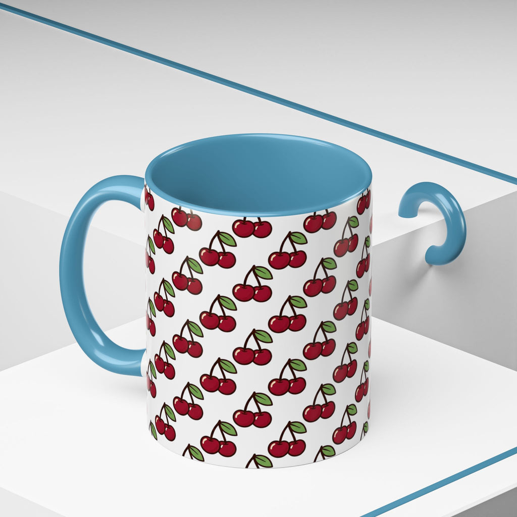 Cherry Pattern Accent Coffee Mug — Retro Red Cherry Print Ceramic Mug (11/15oz)