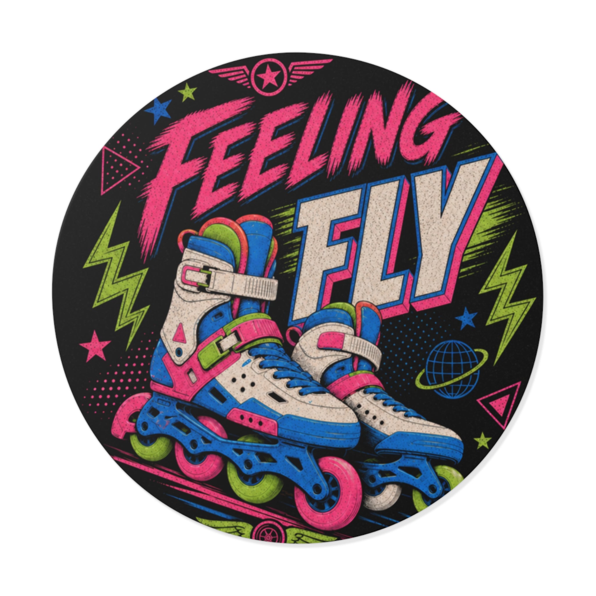 Feeling Fly Rollerblade Round Vinyl Sticker — Neon Retro Skate Sticker