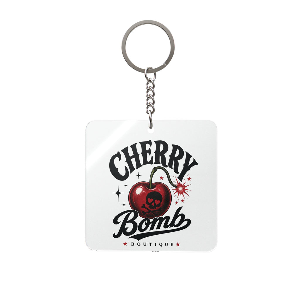 Cherry Bomb Square Keychain — Retro Themed Keychain / White