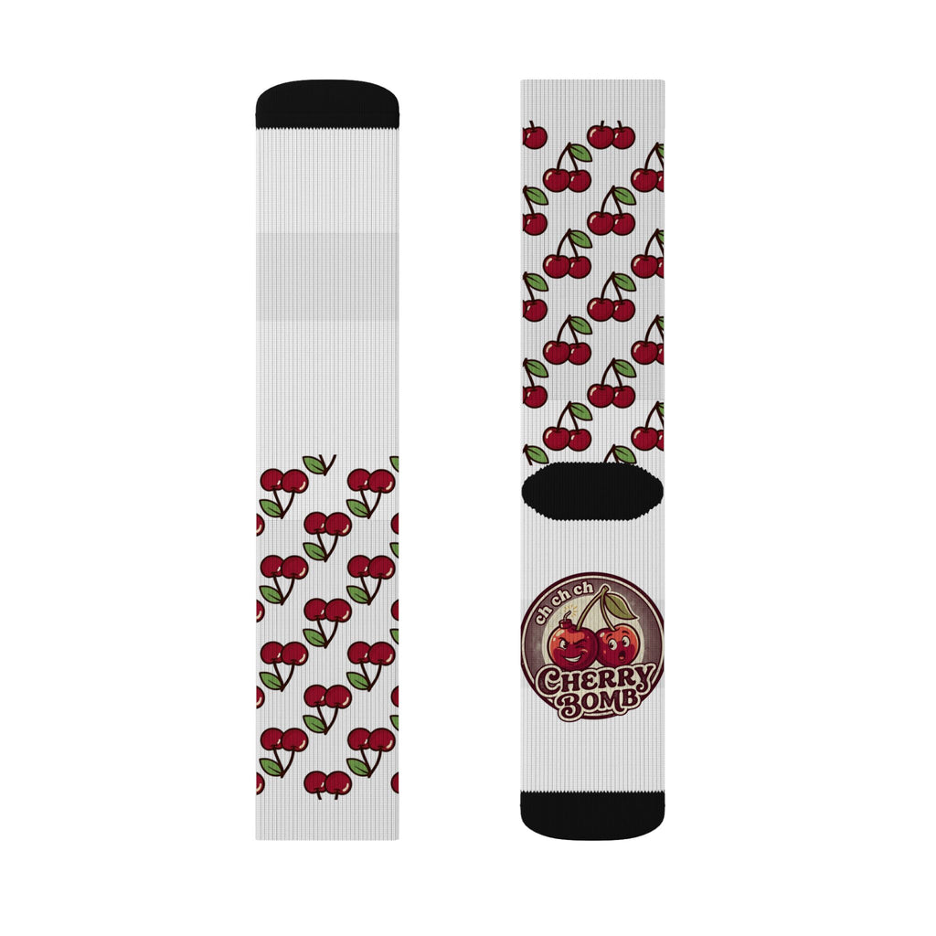 Cherry Pattern Sublimation Socks — Retro Cherry Bomb Logo Crew Socks
