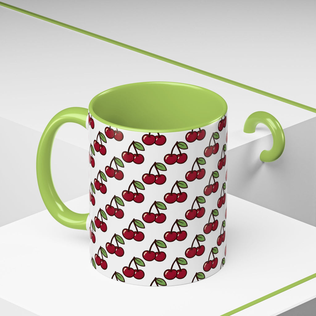 Cherry Pattern Accent Coffee Mug — Retro Red Cherry Print Ceramic Mug (11/15oz)