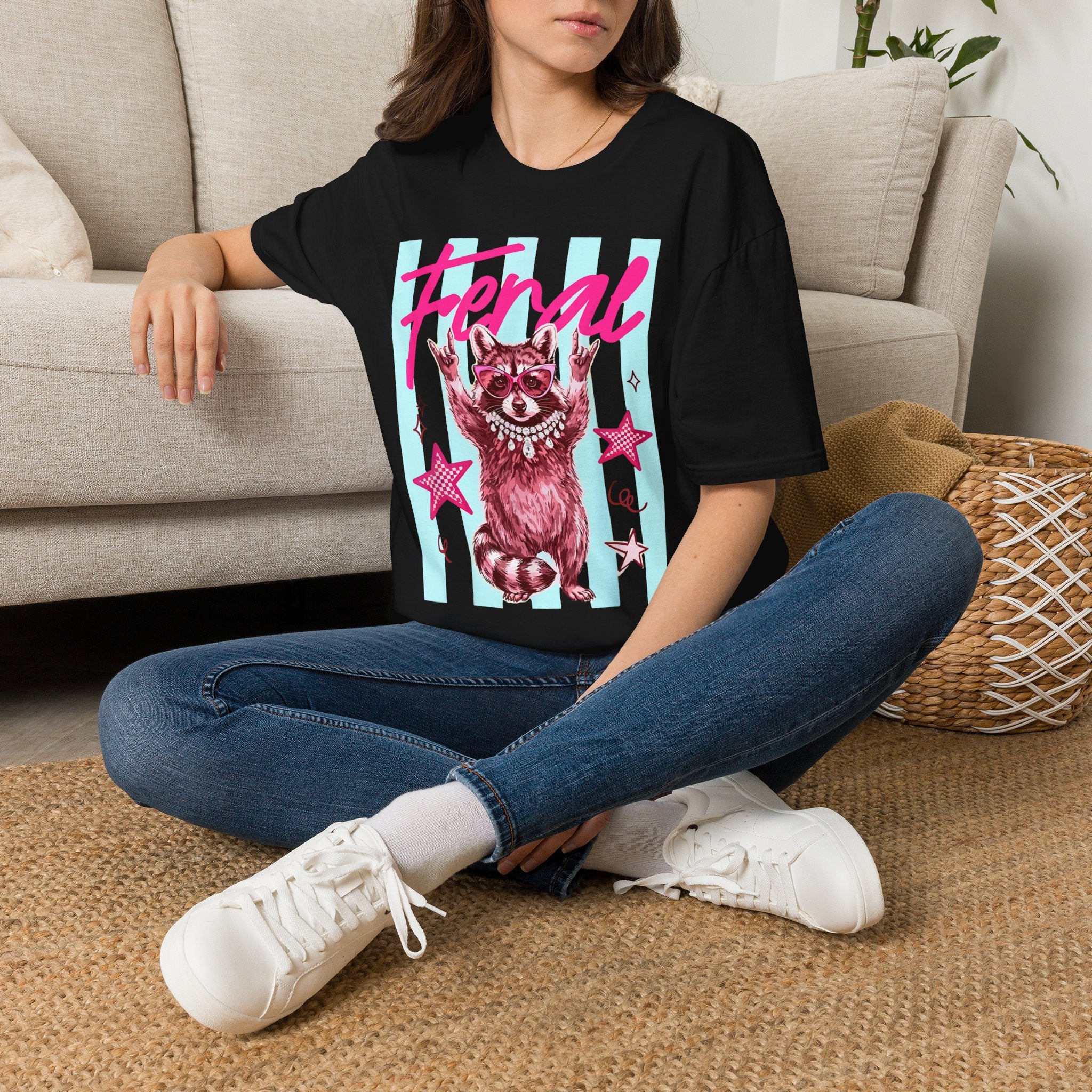 Feral Retro Raccoon Graphic T-Shirt — Pink Neon Vintage Vibe
