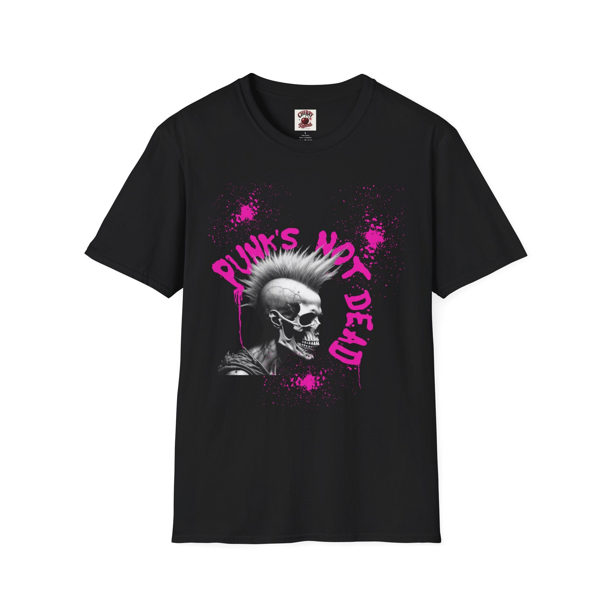 Punk's Not Dead T-Shirt — Neon Pink Skull Mohawk Graphic Tee