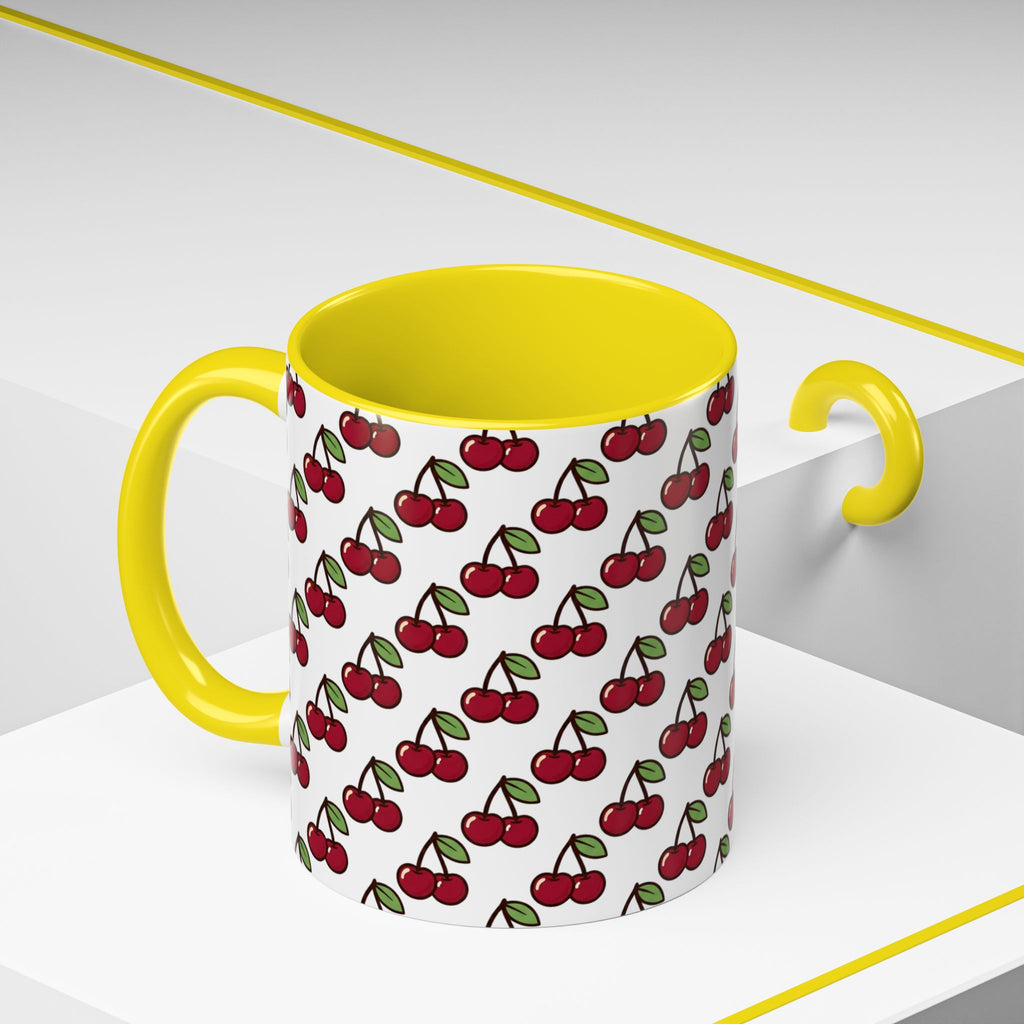 Cherry Pattern Accent Coffee Mug — Retro Red Cherry Print Ceramic Mug (11/15oz)