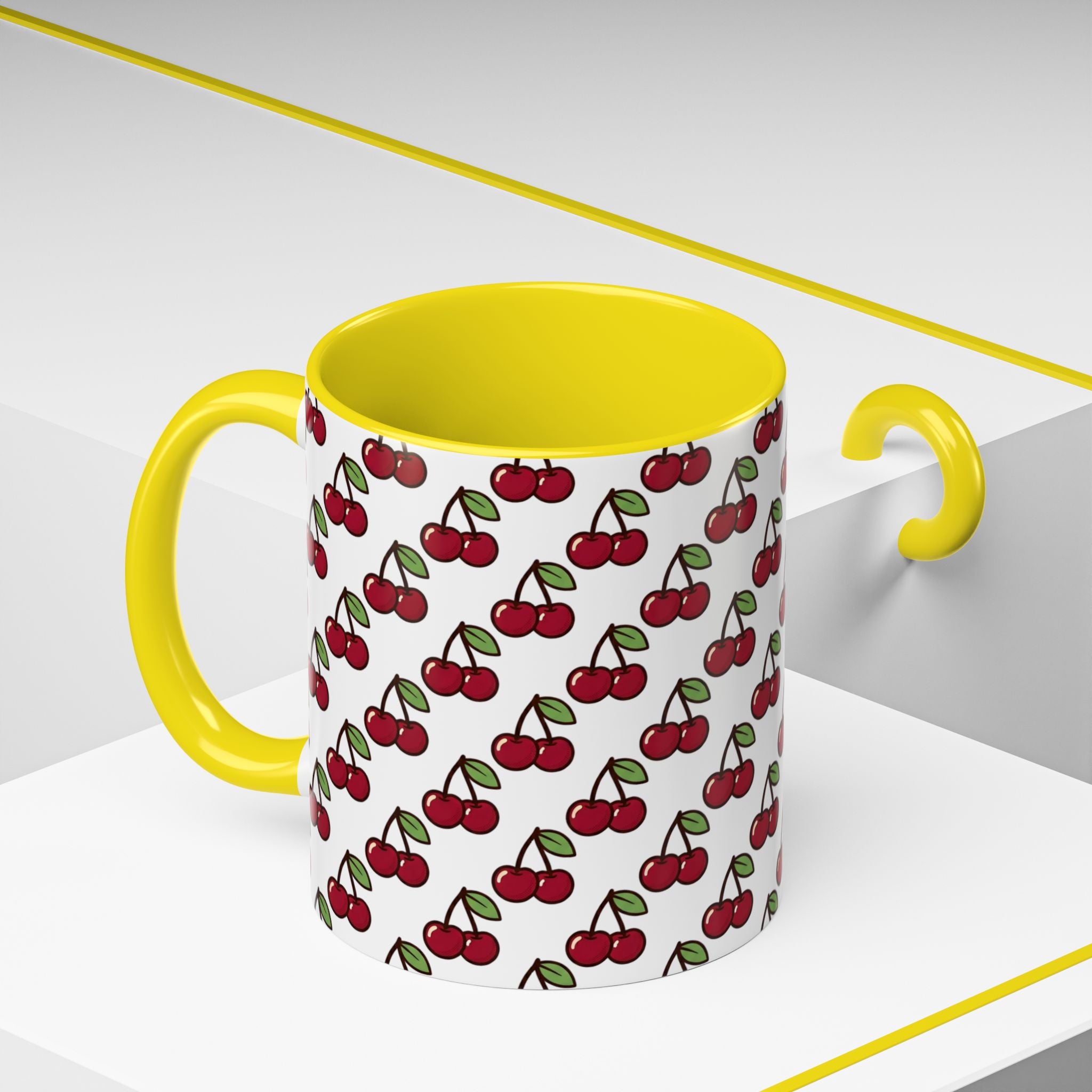 Cherry Pattern Accent Coffee Mug — Retro Red Cherry Print Ceramic Mug (11/15oz)