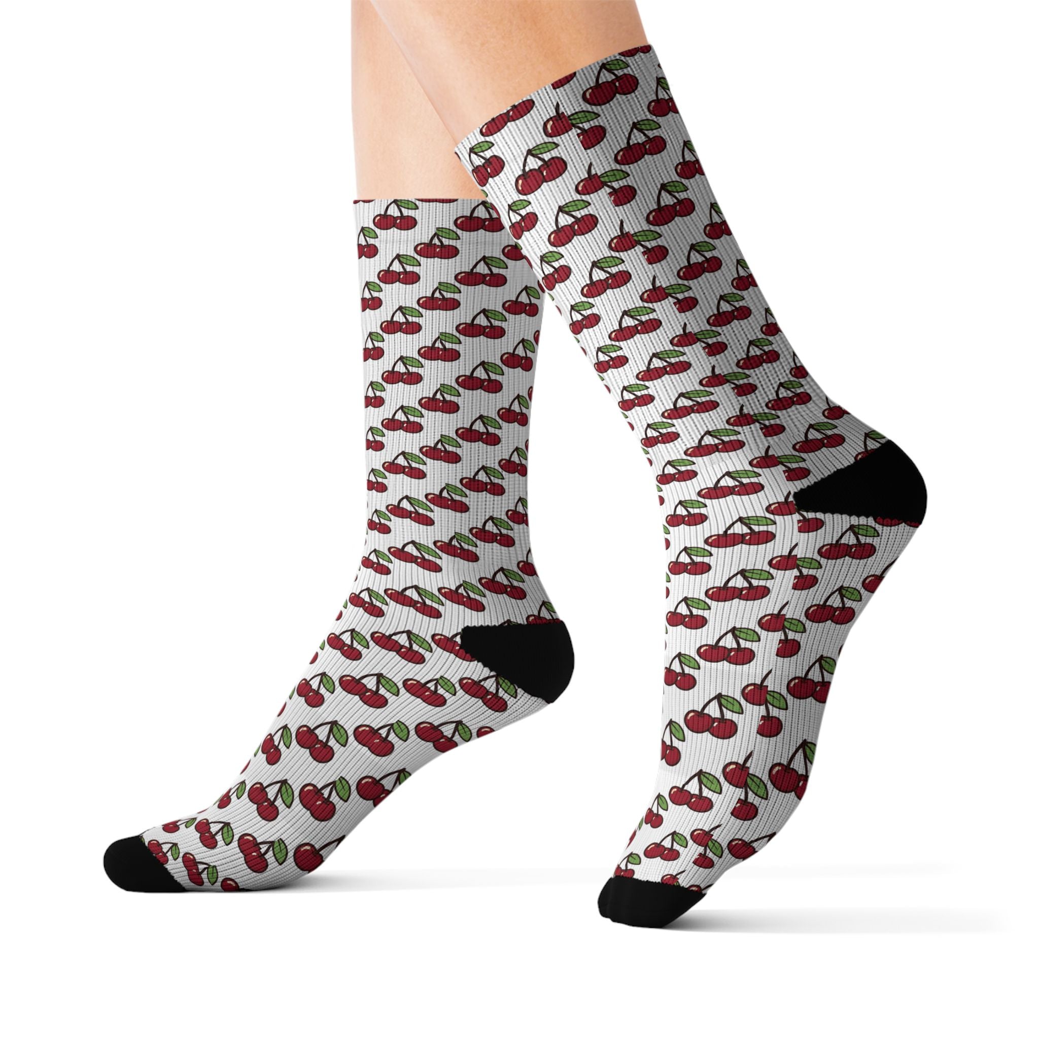 Cherry Pattern Sublimation Socks — Fun Fruit Crew Socks for Summer & Gifts
