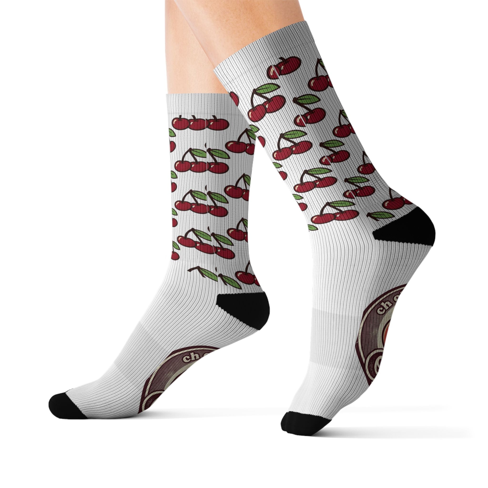 Cherry Pattern Sublimation Socks — Retro Cherry Bomb Logo Crew Socks