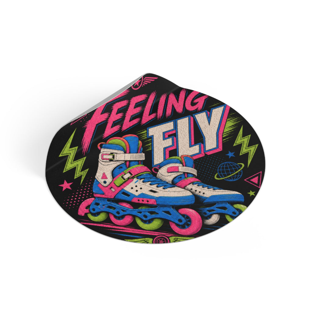 Feeling Fly Rollerblade Round Vinyl Sticker — Neon Retro Skate Sticker