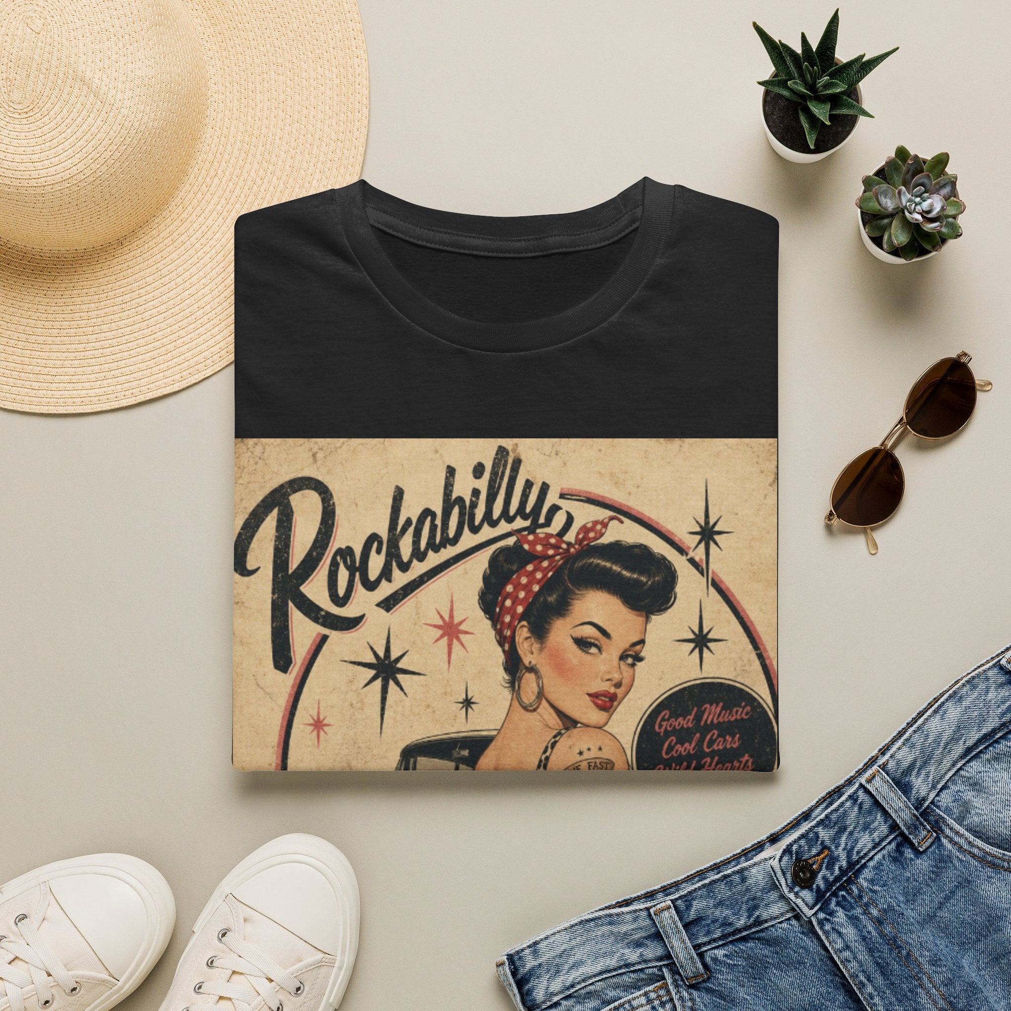 Rockabilly Pin-Up Tee — Vintage 1950s Car & Tattoo Retro Shirt