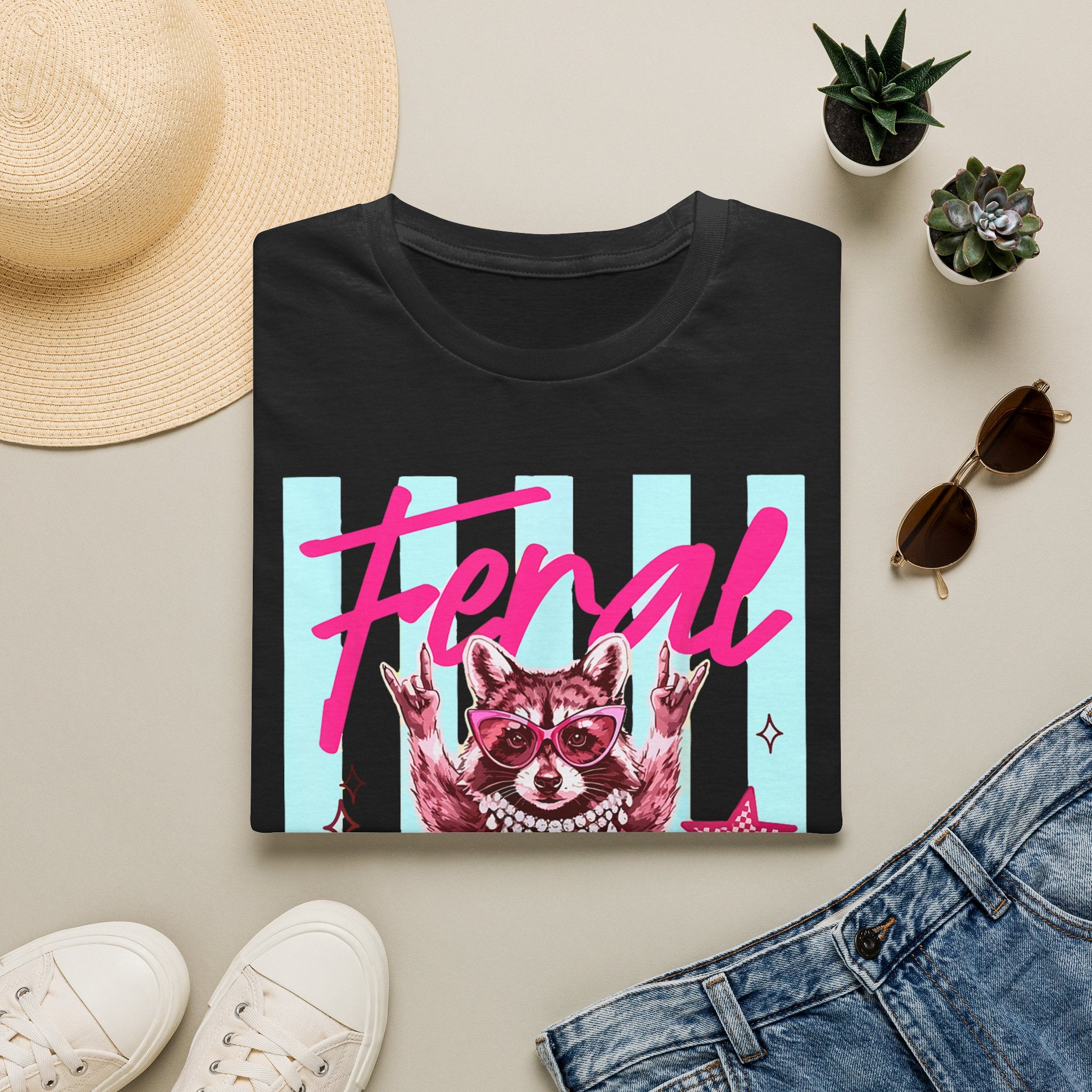 Feral Retro Raccoon Graphic T-Shirt — Pink Neon Vintage Vibe