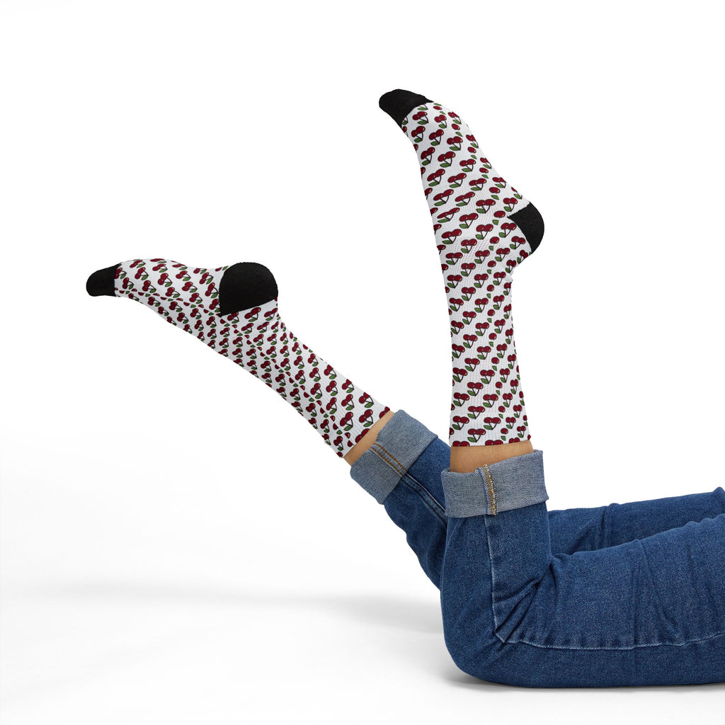 Cherry Pattern Sublimation Socks — Fun Fruit Crew Socks for Summer & Gifts