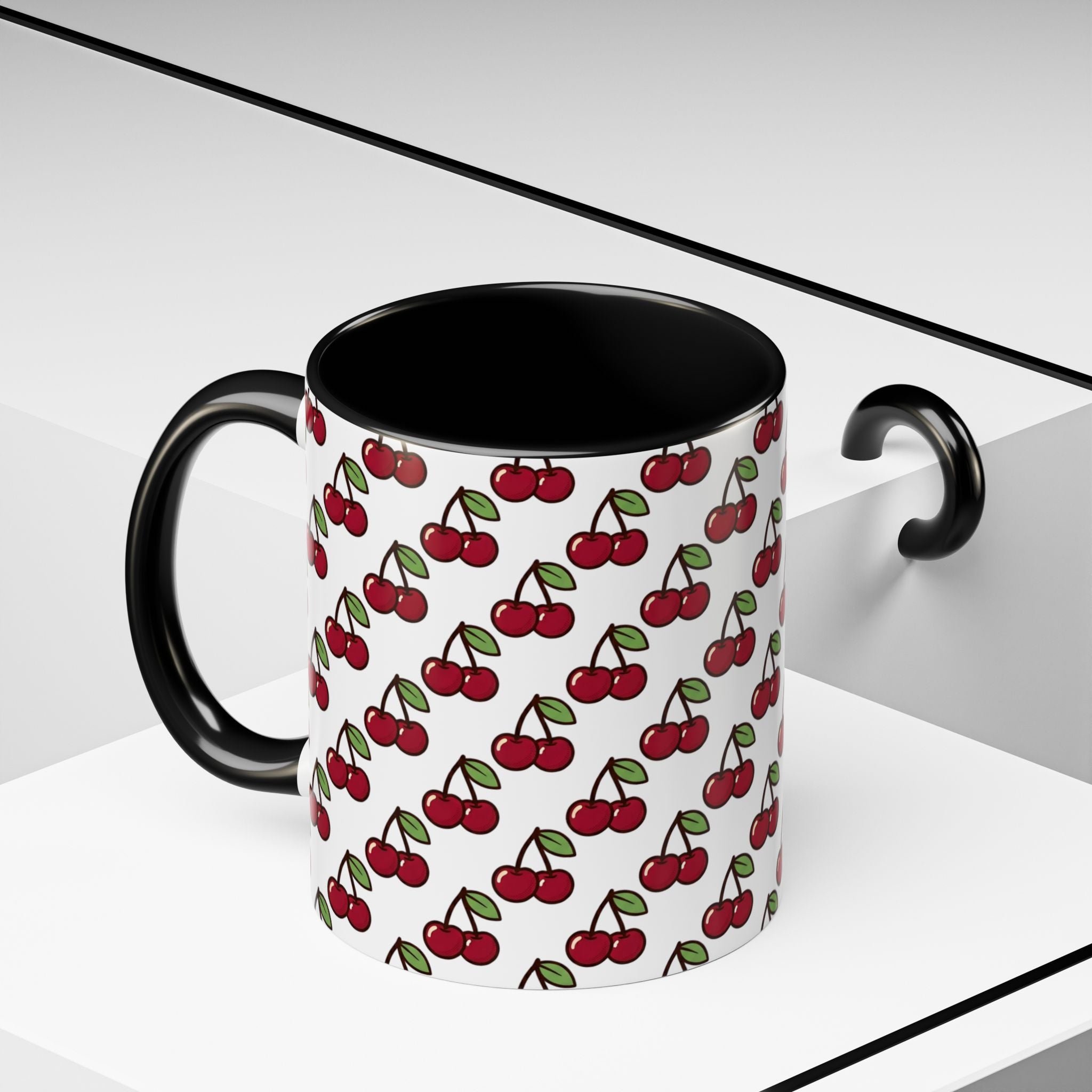 Cherry Pattern Accent Coffee Mug — Retro Red Cherry Print Ceramic Mug (11/15oz)