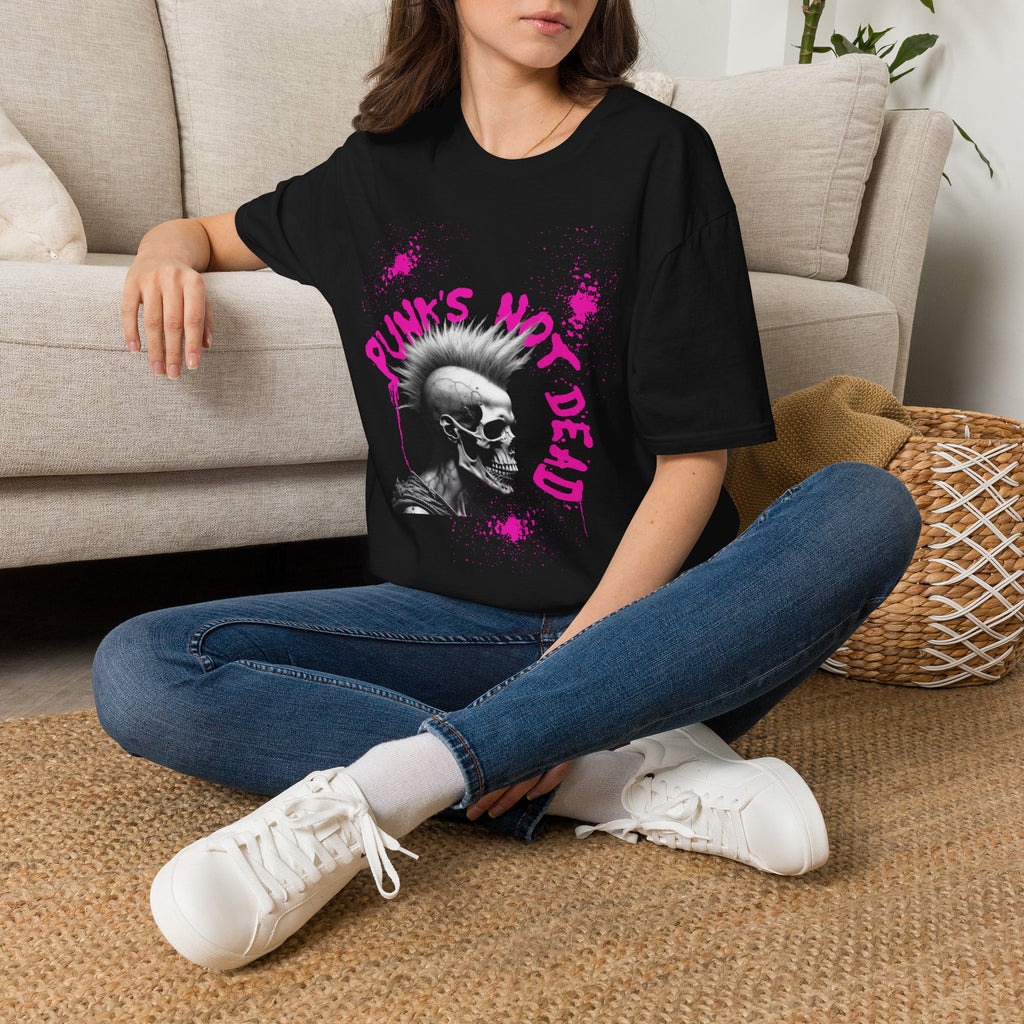 Punk's Not Dead T-Shirt — Neon Pink Skull Mohawk Graphic Tee