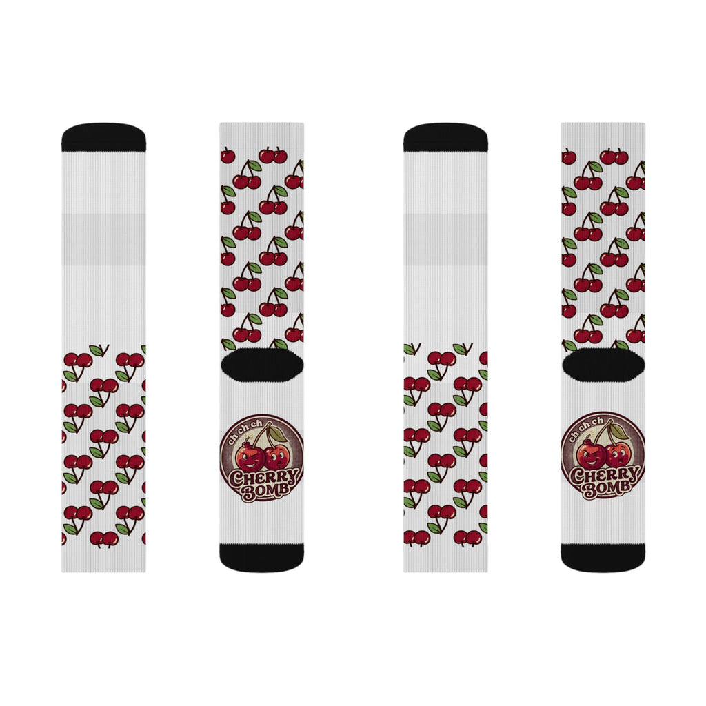 Cherry Pattern Sublimation Socks — Retro Cherry Bomb Logo Crew Socks