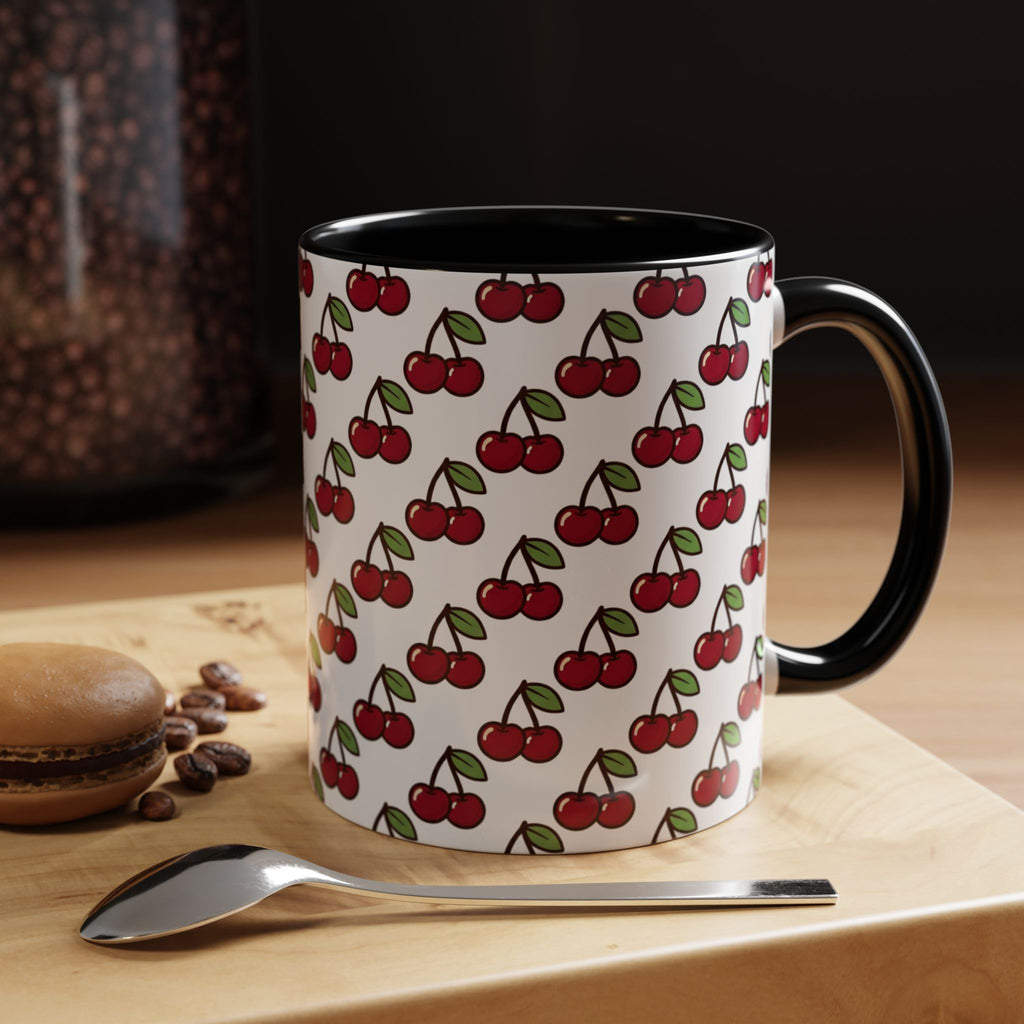 Cherry Pattern Accent Coffee Mug — Retro Red Cherry Print Ceramic Mug (11/15oz)