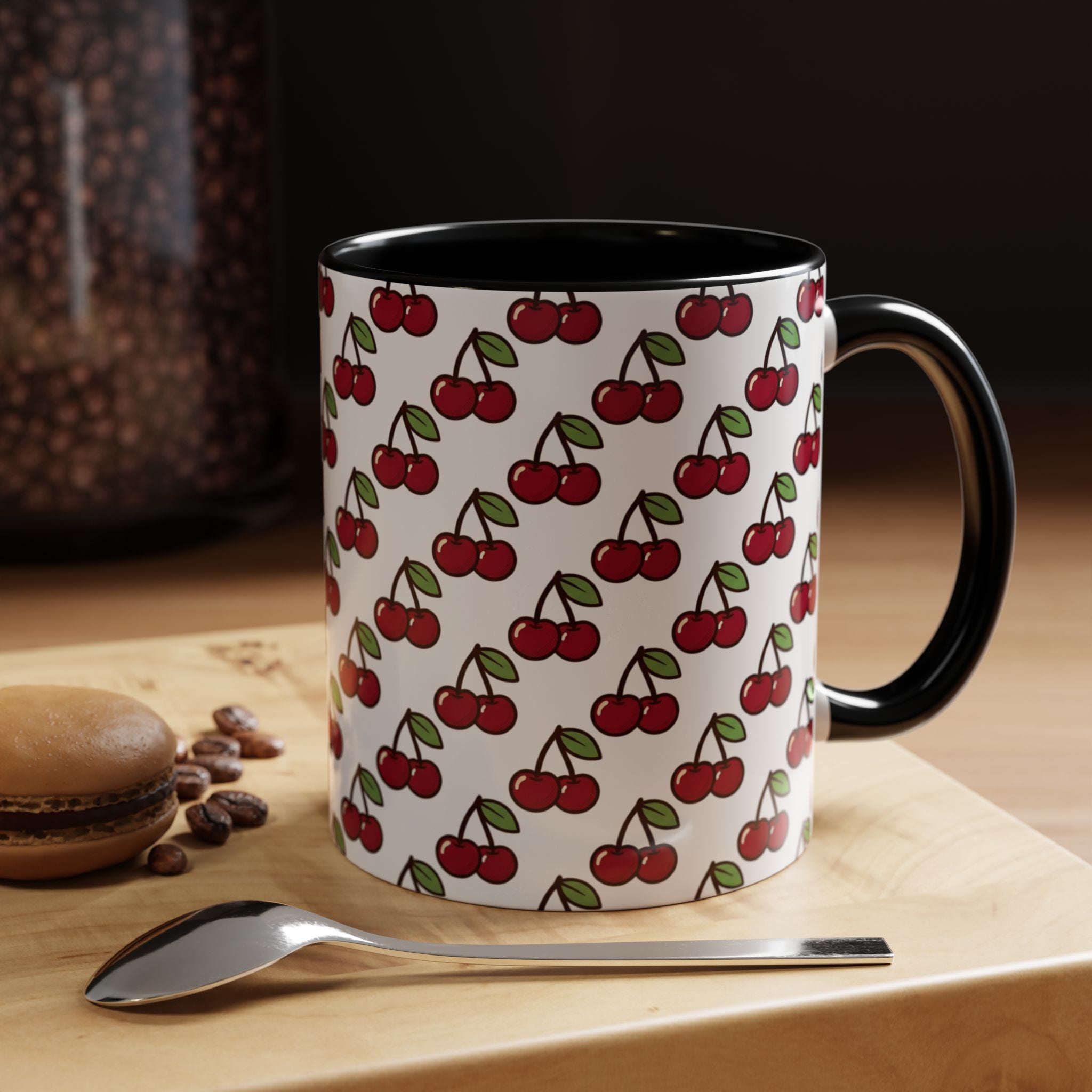 Cherry Pattern Accent Coffee Mug — Retro Red Cherry Print Ceramic Mug (11/15oz)