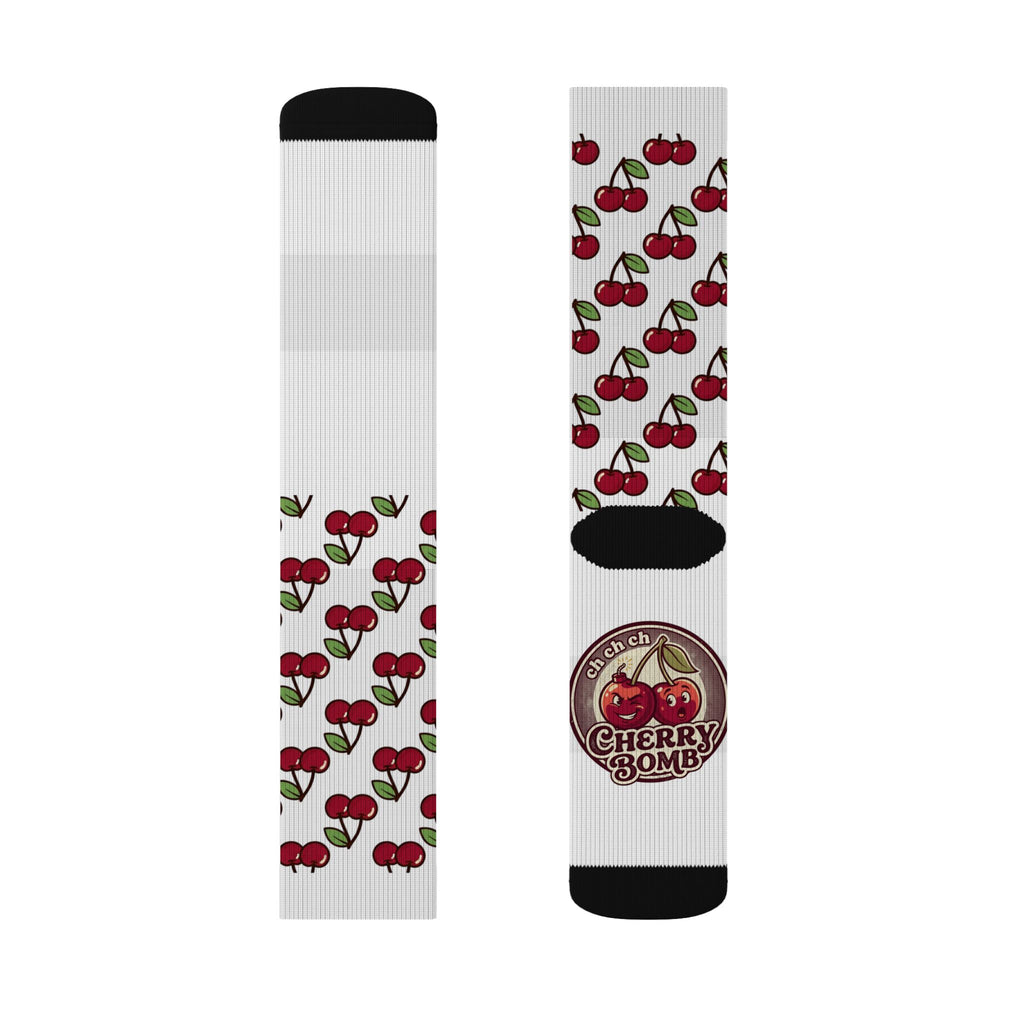 Cherry Pattern Sublimation Socks — Retro Cherry Bomb Logo Crew Socks