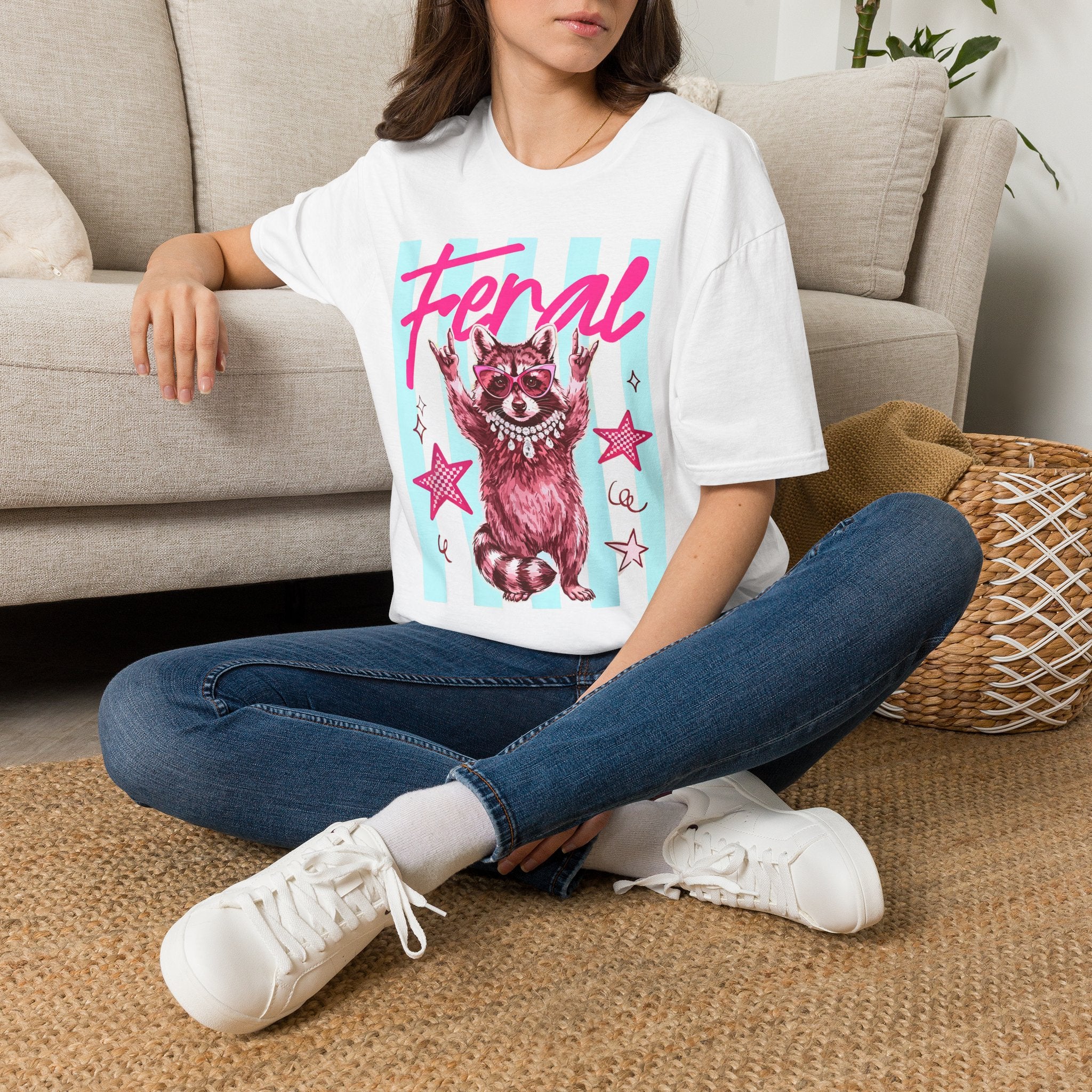 Feral Retro Raccoon Graphic T-Shirt — Pink Neon Vintage Vibe
