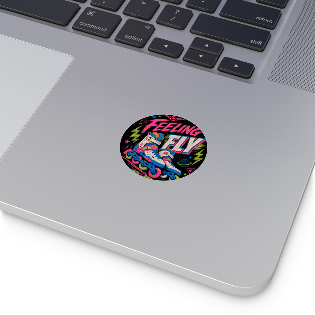 Feeling Fly Rollerblade Round Vinyl Sticker — Neon Retro Skate Sticker